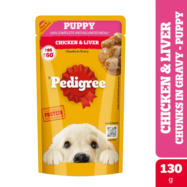 Pedigree Chicken and Liver Chunks in Gravy Pouch Puppy Dog Wet Food (130g) - 24x130g