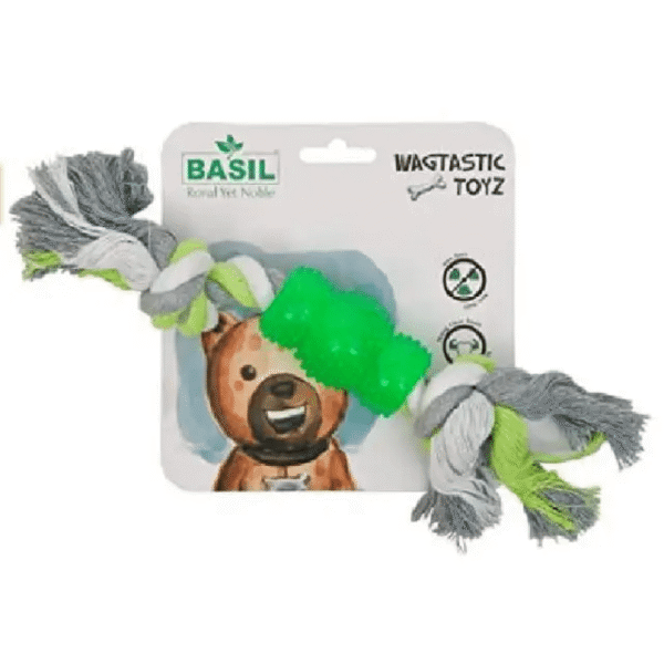 Basil Cotton Rope Rubber Chew Toy with Hard TPR Centre for Dogs - Green