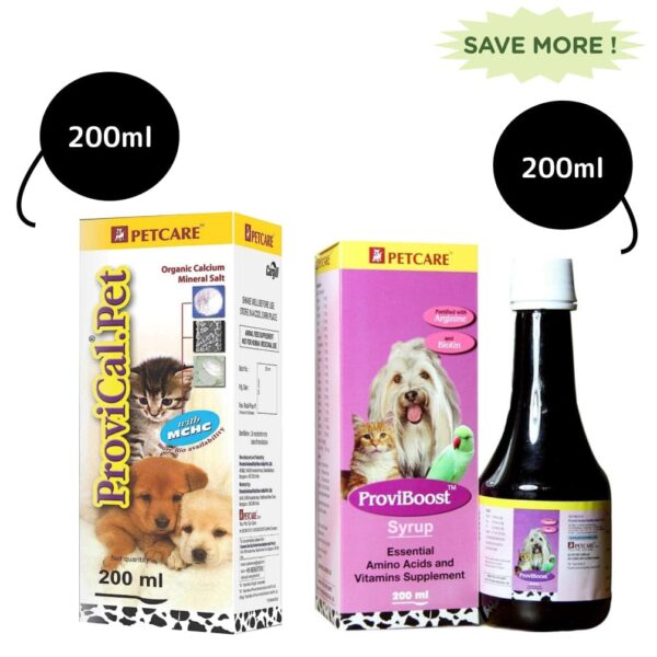 Petcare Provical Pet Calcium Syrup (200ml) and Proviboost Multivitamin Syrup (200ml) Combo for Dogs & Cats - 200mL+200mL