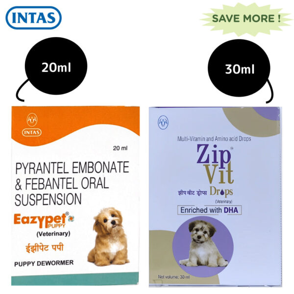 Intas Eazypet Dewormer and Zipvit Drops Multivitamin Supplement for Puppies Combo - 20ml+30ml