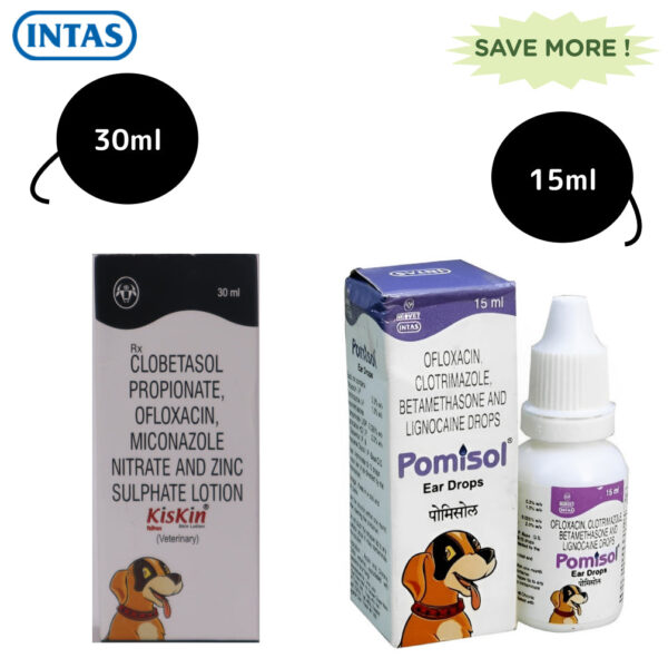 Intas Pomisol Ear Drops (15ml) and Kiskin Lotion (30ml) for Dogs & Cats Combo - 30mL+15mL
