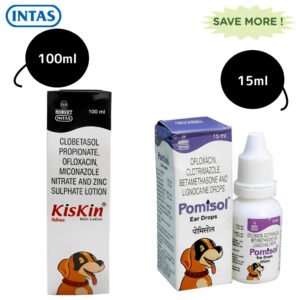 Intas Pomisol Ear Drops (15ml) and Kiskin Lotion (100ml) for Dogs & Cats Combo - 100mL+15mL