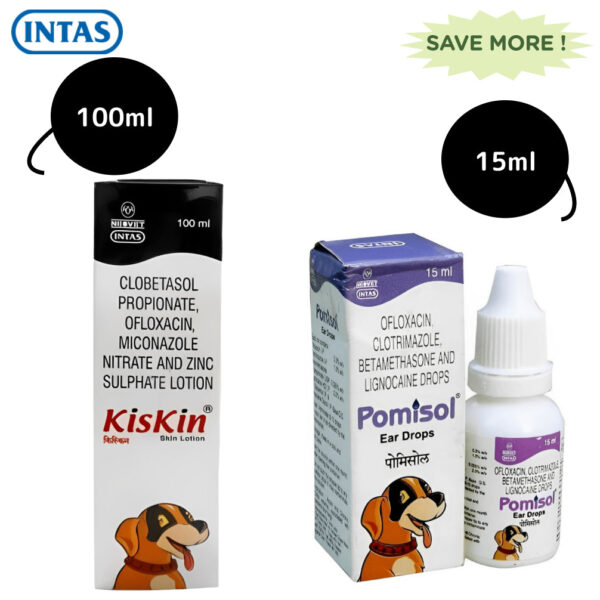 Intas Pomisol Ear Drops (15ml) and Kiskin Lotion (100ml) for Dogs & Cats Combo - 100mL+15mL