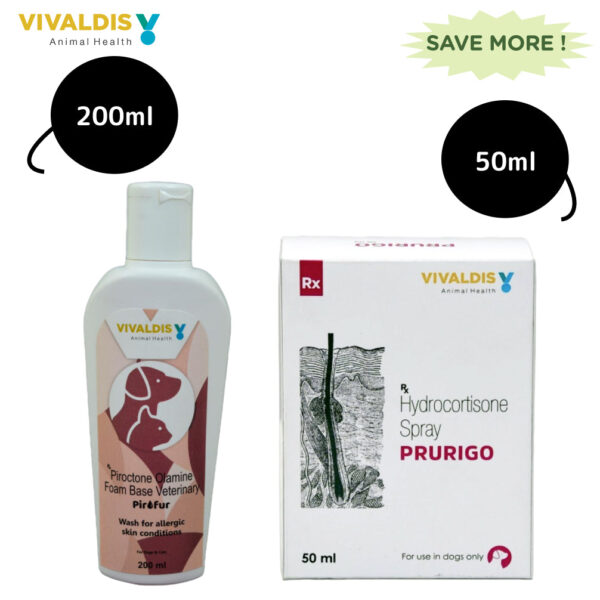 Vivaldis Prurigo Spray (50ml) and Pirofur Shampoo (200ml) for Dogs & Cats Itch Relief Combo - 200mL + 50mL