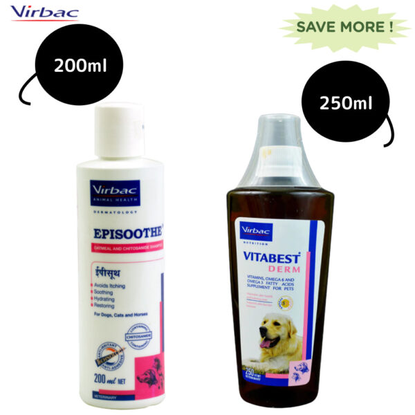 Virbac Episoothe Oatmeal Shampoo (200ml) and Vitabest Derm Omega 3 + 6 Syrup (250ml) Combo - 200mL + 250ml