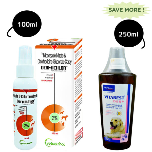 Virbac Vitabest Derm Omega 3 + 6 Syrup (250ml) and Vetoquinol Dermichlor Spray (100ml) for Dogs and Cats Combo - 250ml+100ml