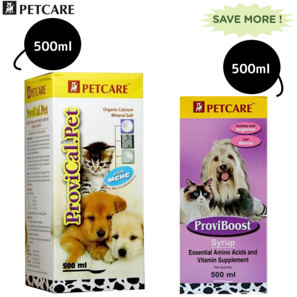 Petcare Provical Pet Calcium Syrup (500ml) and Proviboost Multivitamin Syrup (500ml) Combo for Dogs & Cats - 500ml+500ml