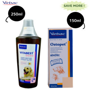 Virbac Ostopet Calcium Supplement Syrup (150ml) and Vitabest Derm Omega 3 + 6 Syrup for Dogs & Cats (250ml) Combo - 150ml+250ml