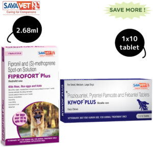 Savavet Kiwof Plus Dog Deworming Tablet (10 tablets) and Fiprofort Plus Tick & Flea Control Spot On for Dogs (20 -40kg) Combo - 1 Strip (10 tablets) + 20 -40kg (2.68ml)
