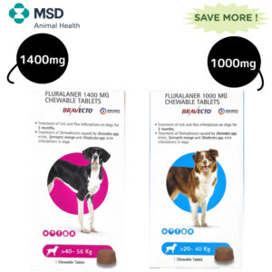 MSD Animal Health Bravecto Tablet 20 -40 kg and 40 -56 kg Combo - 1000mg (1 tablet) + 1400mg (1 tablet)