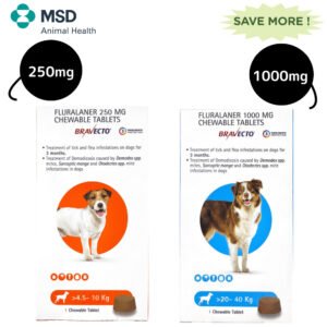 MSD Animal Health Bravecto Tablet 20 -40 kg and 4.5 -10 kg Combo - 1000mg (1 tablet) + 250mg (1 tablet)