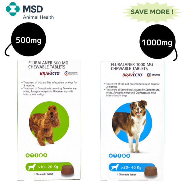 MSD Animal Health Bravecto Tablet 10 -20 kg and 20 -40 kg Combo - 500mg (1 tablet) + 1000mg (1 tablet)