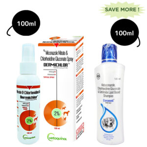 Vetoquinol Dermichlor Spray (100ml) and Intas Conaseb Shampoo for Dogs & Cats (100ml) Combo - 100ml+100ml