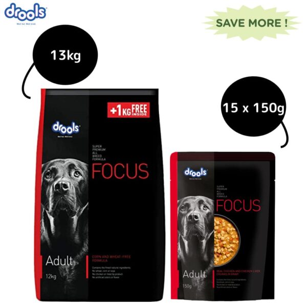 Drools Focus Super Premium Adult Dry Dog Food and Real Chicken & Chicken Liver Chunks in Gravy Adult Dog Wet Food Combo - 8kg + 15x150g