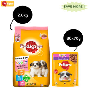 Pedigree Lamb & Milk Small Puppy Dry Food and Lamb Flavour Chunks in Gravy Puppy Wet Food Combo - 2.8kg + 30x70g
