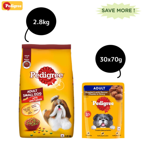 Pedigree Lamb & Veg and Roasted Lamb Flavour Chunks in Gravy Adult Dry and Wet Food Combo - 2.8kg + 30x70g