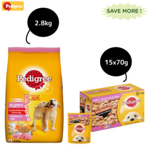 Pedigree Chicken and Milk and Chicken Chunks in Gravy Puppy Dry and Wet Food Combo - 2.8kg + 15x70g