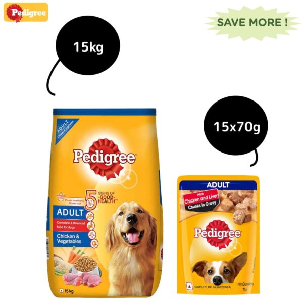 Pedigree Chicken and Vegetables Dry and Chicken and Liver Chunks in Gravy Wet Adult Dog Food Combo - 20kg + 15x70g