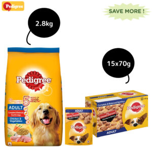 Pedigree Chicken and Vegetables and Chicken and Liver Chunks in Gravy Adult Dry and Wet Food Combo - 2.8kg + 15x70g