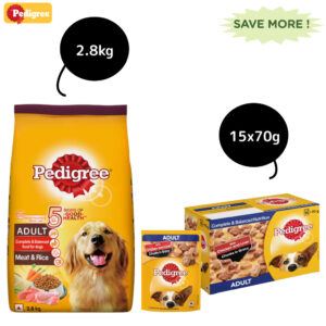 Pedigree Meat & Rice and Chicken and Liver Chunks in Gravy Adult Dry and Wet Food Combo - 2.8kg + 15x70g