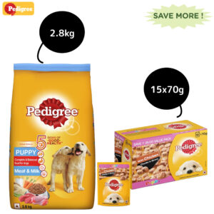 Pedigree Meat & Milk and Chicken Chunks in Gravy Puppy Dry and Wet Food Combo - 2.8kg + 15x70g