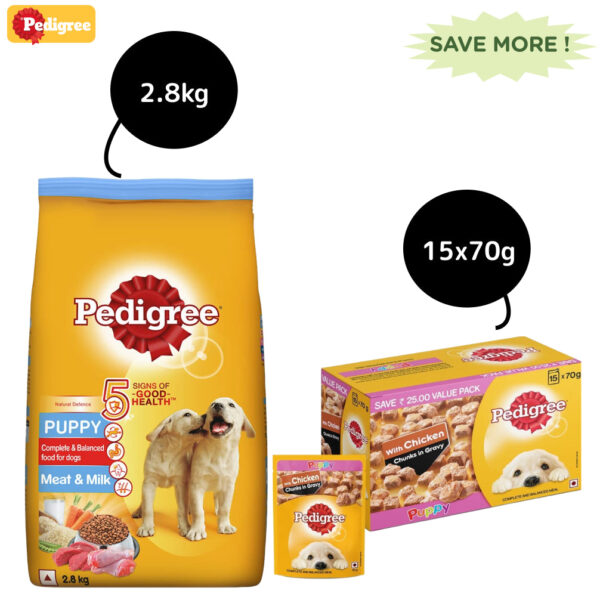 Pedigree Meat & Milk and Chicken Chunks in Gravy Puppy Dry and Wet Food Combo - 2.8kg + 15x70g