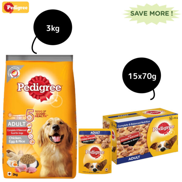 Pedigree Chicken, Egg and Rice and Chicken and Liver Chunks in Gravy Adult Dry and Wet Food Combo - 3kg + 15x70g