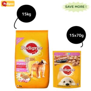 Pedigree Chicken and Milk Dry and Chicken Chunks in Gravy Wet Puppy Food Combo - 15kg + 15x70g