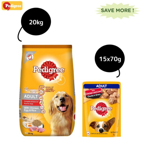 Pedigree Chicken, Egg and Rice Dry and Chicken and Liver Chunks in Gravy Wet Adult Dog Food Combo - 20kg + 15x70g