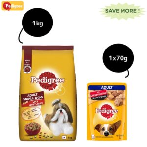 Pedigree Lamb & Veg Flavour Adult Small Dog Dry and Chicken and Liver Chunks in Gravy Adult Wet Dog Food Combo - 1kg+70g