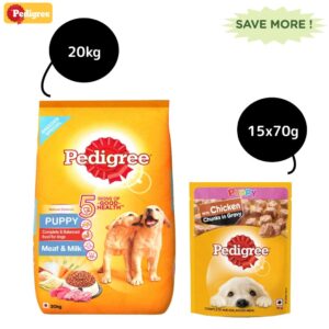 Pedigree Meat & Milk Dry and Chicken Chunks in Gravy Wet Puppy Food Combo - 2.8kg + 2x70g