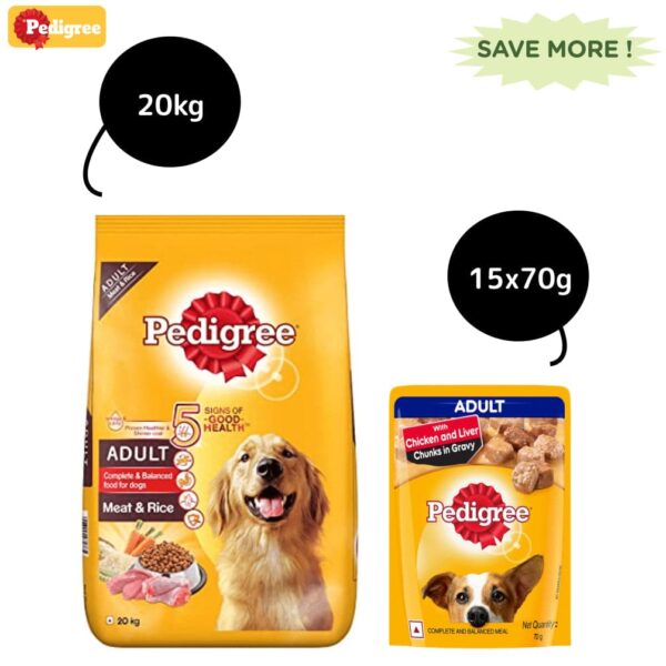 Pedigree Meat & Rice Dry and Chicken and Liver Chunks in Gravy Wet Adult Dog Food Combo - 20kg + 15x70g