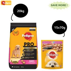 Pedigree PRO Expert Nutrition for Large Breed Puppy Dry and Chicken Chunks in Gravy Puppy Wet Food Combo - 20kg + 15x70g