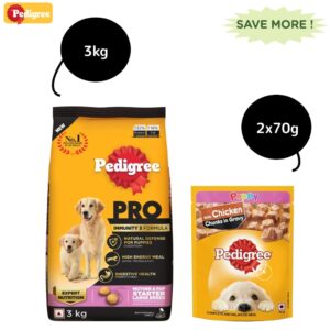 Pedigree PRO Expert Nutrition Lactating/Pregnant Mother & Puppy Starter Large Breed Dog Dry and Chicken Chunks in Gravy Puppy Wet Food Combo - 20kg + 15x70g