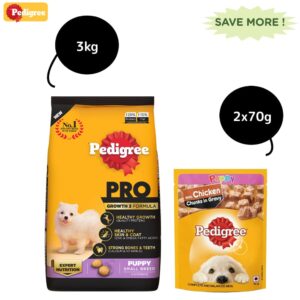 Pedigree PRO Expert Nutrition Small Breed Puppy Dry and Chicken Chunks in Gravy Puppy Wet Food Combo - 3kg + 2x70g