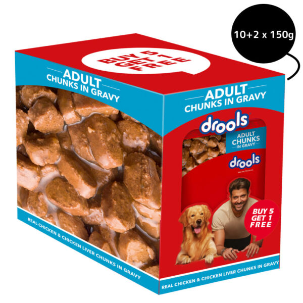 Drools Real Chicken & Chicken Liver Chunks in Gravy Adult Dog Wet Food - 30+6x150g