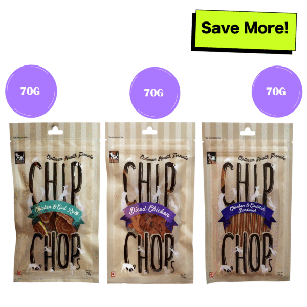 Chip Chops Chicken and Codfish Rolls, Diced Chicken and Chicken and Codfish Sandwich Dog Treats Combo - 3x70g