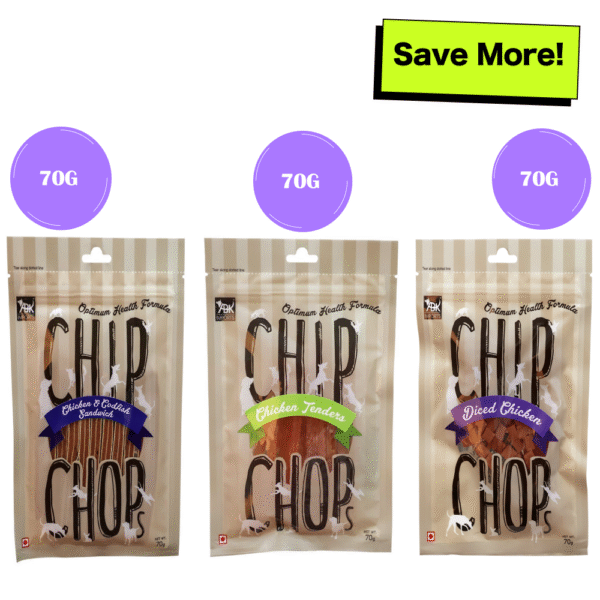 Chip Chops Diced Chicken, Chicken & Codfish Sandwich and Chicken Tenders Dog Treats Combo - 3x70g