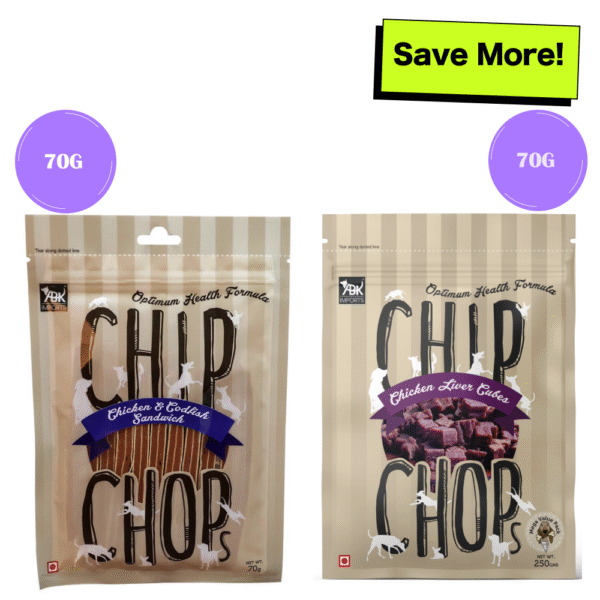 Chip Chops Chicken & Codfish Sandwich and Chicken Liver Cubes Dog Treats Combo - 70g+70g
