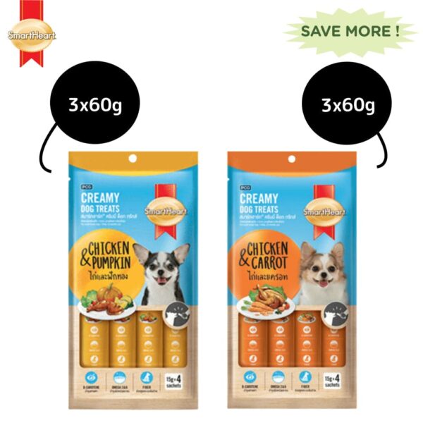 SmartHeart Chicken & Pumpkin and Chicken & Carrot Creamy Treat for Dogs Combos - 18x60g (72pcs)