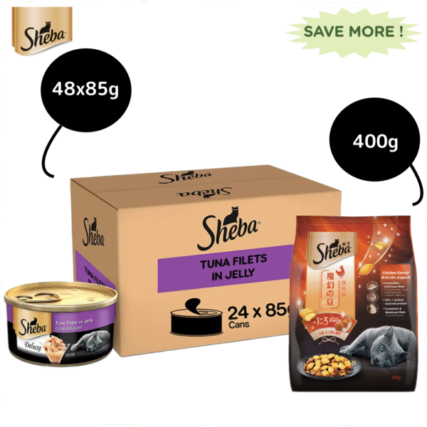 Sheba Pure Tuna Filets in Jelly Premium Cat Wet Food and Chicken Flavour Irresistible Cat Dry Food Combo - 48x85g + 400g