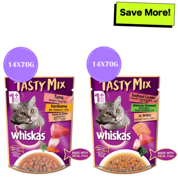 Whiskas Seafood Cocktail With Wakame Seaweed and Tuna with Kanikama & Carrot in Gravy Tasty Mix Adult Cat Wet Food Combo - 28x70g