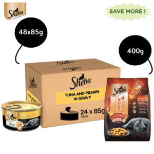 Sheba Tuna Fillet & Whole Prawns in Gravy Premium Cat Wet Food and Chicken Flavour Irresistible All Life Stage Cat Dry Food Combo - 48x85g + 400g