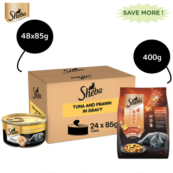 Sheba Tuna Fillet & Whole Prawns in Gravy Premium Cat Wet Food and Chicken Flavour Irresistible All Life Stage Cat Dry Food Combo - 48x85g + 400g