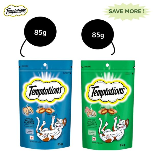 Temptations Seafood Medley and Savoury Salmon Flavour Cat Treats Combo - 6x85g