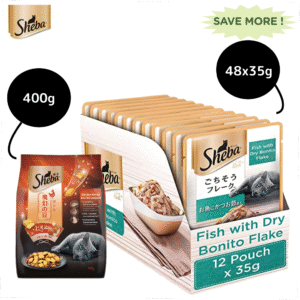 Sheba Fish with Dry Bonito Flake Premium Cat Wet Food and Chicken Flavour Irresistible All Life Stage Cat Dry Food Combo - 48x35g + 400g