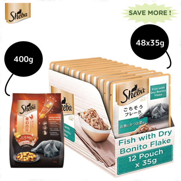 Sheba Fish with Dry Bonito Flake Premium Cat Wet Food and Chicken Flavour Irresistible All Life Stage Cat Dry Food Combo - 96x35g + 400g