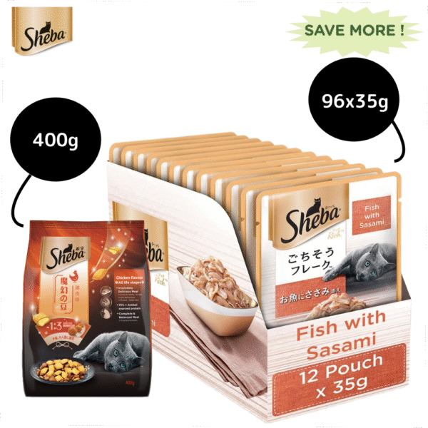 Sheba Fish with Sasami Premium Cat Wet Food and Sheba Chicken Flavour Irresistible All Life Stage Cat Dry Food Combo - 48x35g + 400g