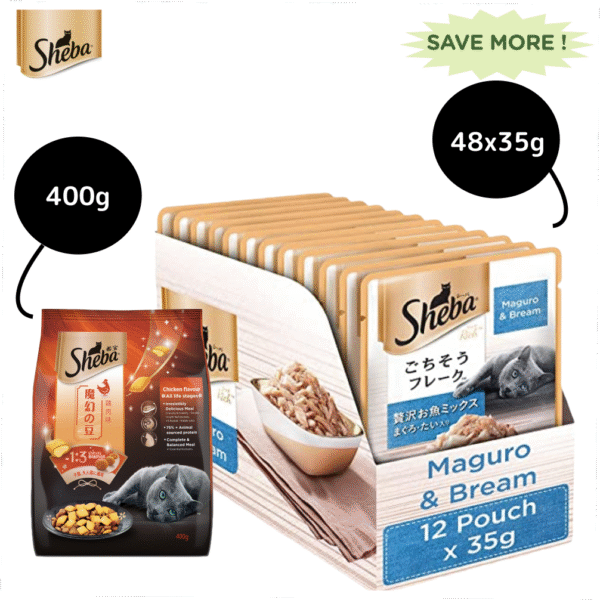Sheba Maguro & Bream Fish Mix Premium Cat Wet Food Combo and Chicken Flavour Irresistible All Life Stage Cat Dry Food - 96x35g + 400g