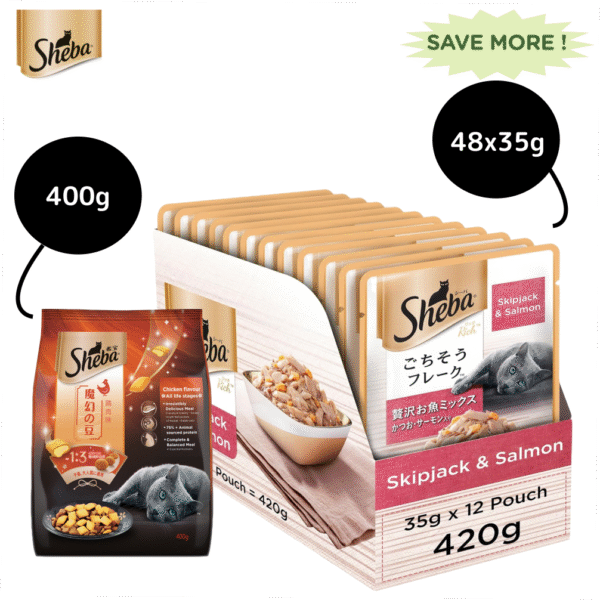 Sheba Skipjack & Salmon Fish Mix Cat Wet Food and Chicken Flavour Irresistible All Life Stage Cat Dry Food Combo - 48x35g + 400g